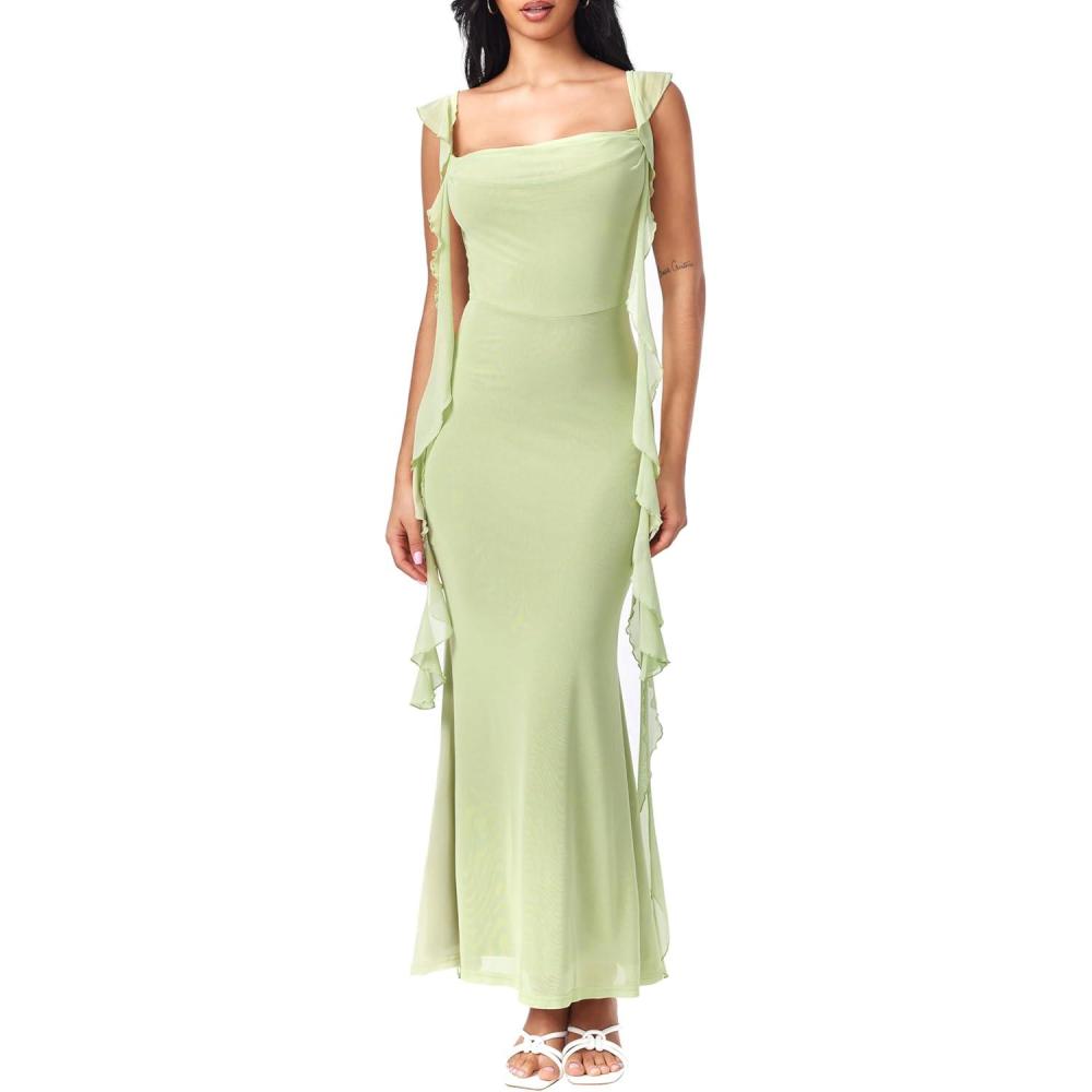 imageCIDER Formal Dresses for Women Wedding Guest Dresses Summer Maxi Dress Sleeveless Mesh Ruffle Cocktail Bodycon Dress 2025Green