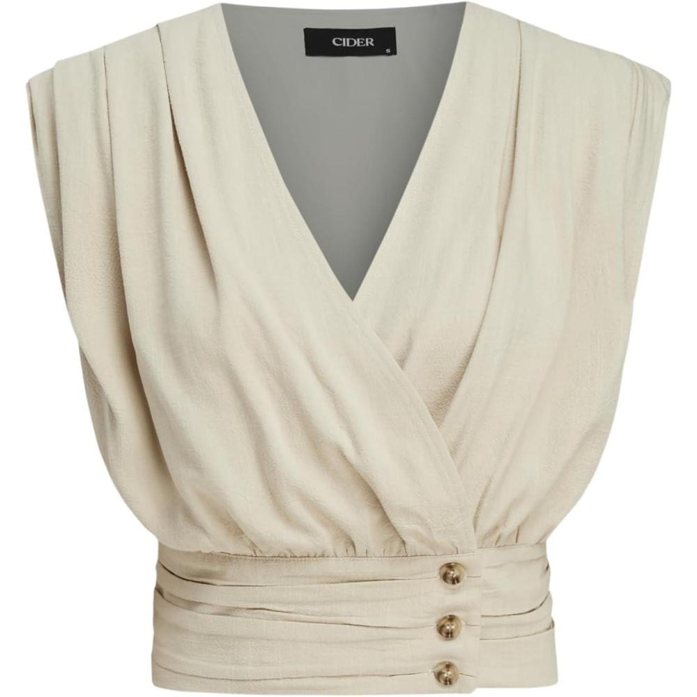 imageCIDER French Riviera Vacation VNeck Ruched Button Corset Solid Tank TopBeige