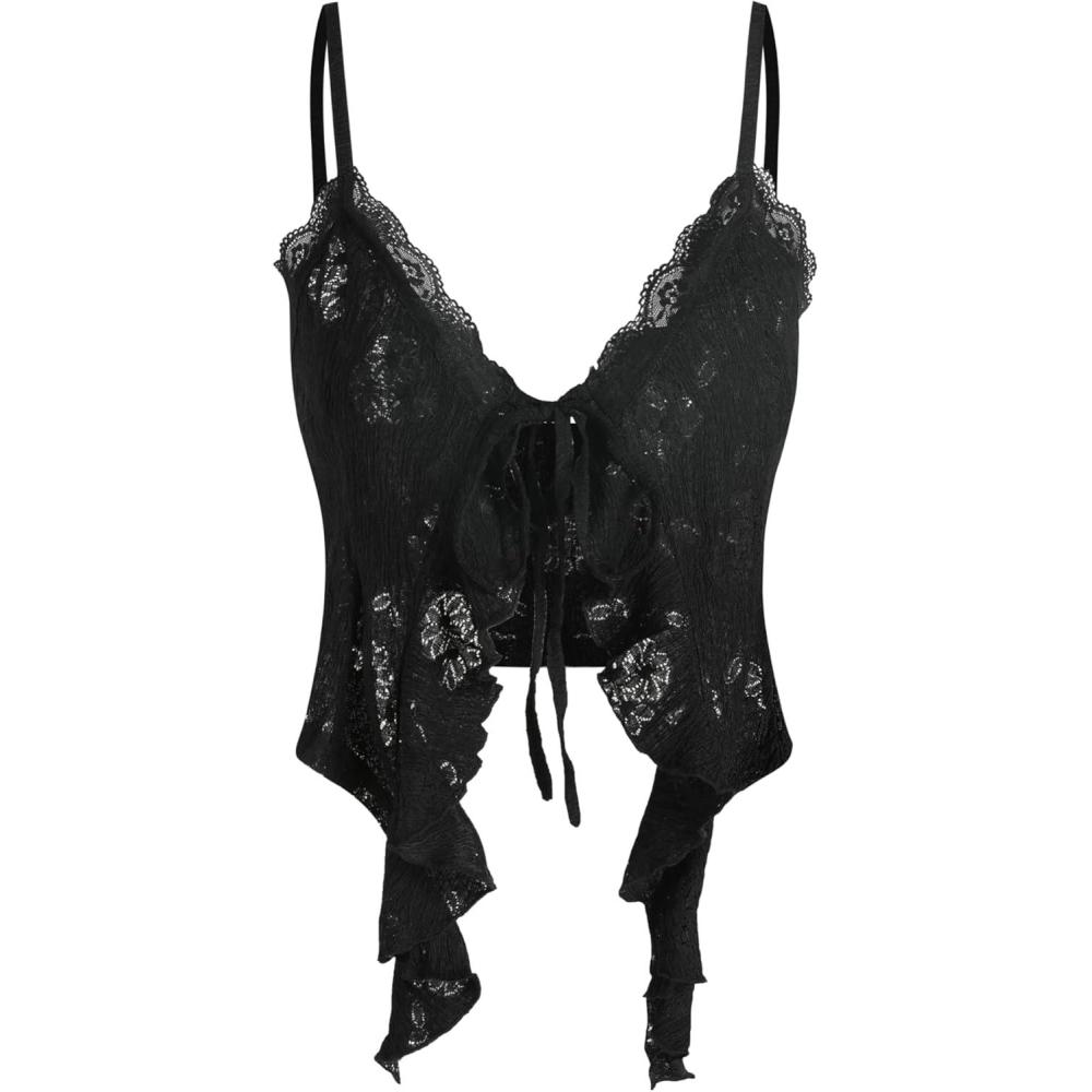 imageCIDER Going Out Tops for Women Y2K Tie Front Asymmetrical Ruffle Hem Lace Spaghetti Strap Cowgirl Crop TopsBlack