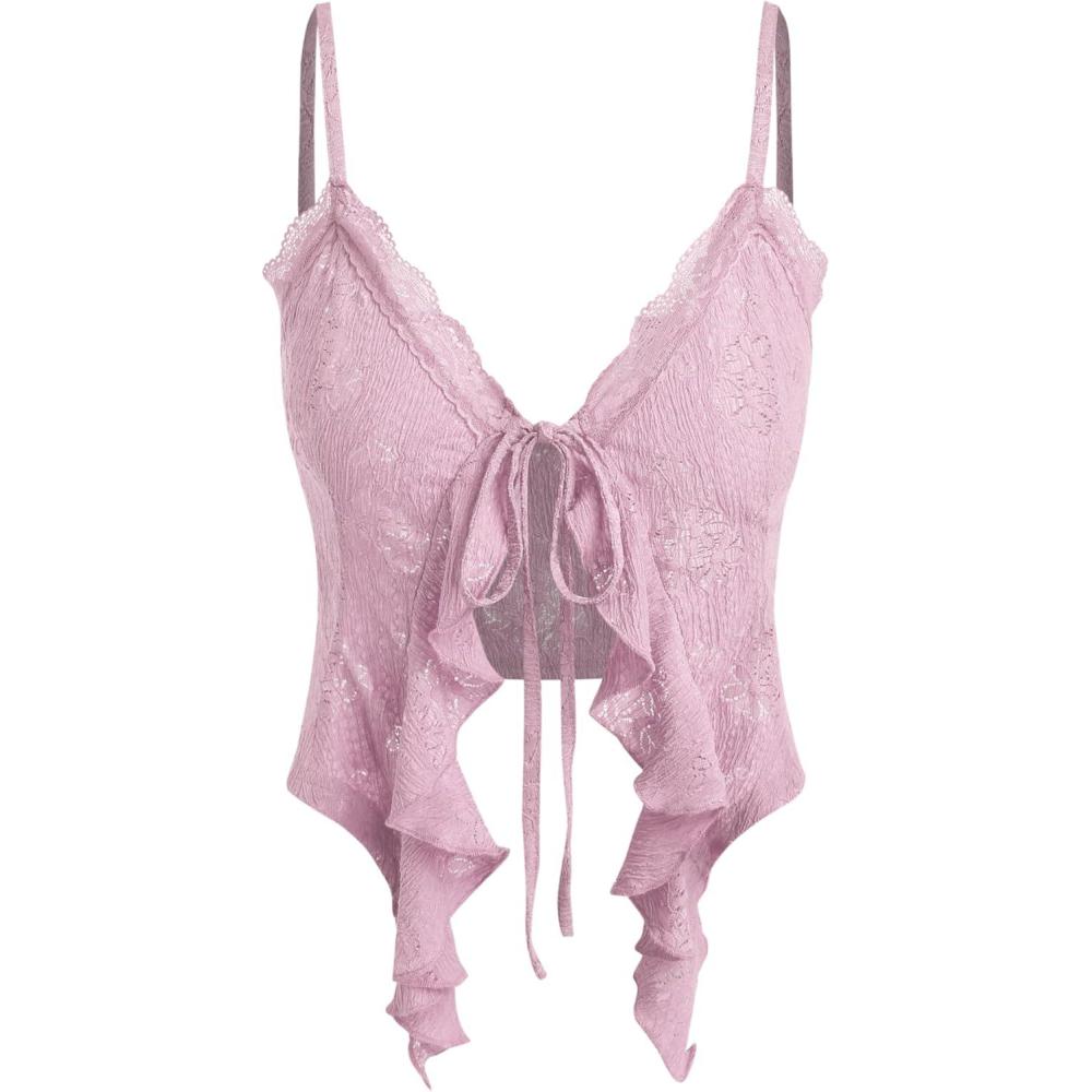 imageCIDER Going Out Tops for Women Y2K Tie Front Asymmetrical Ruffle Hem Lace Spaghetti Strap Cowgirl Crop TopsPink