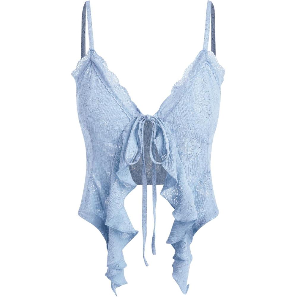 imageCIDER Going Out Tops for Women Y2K Tie Front Asymmetrical Ruffle Hem Lace Spaghetti Strap Cowgirl Crop TopsSky Blue