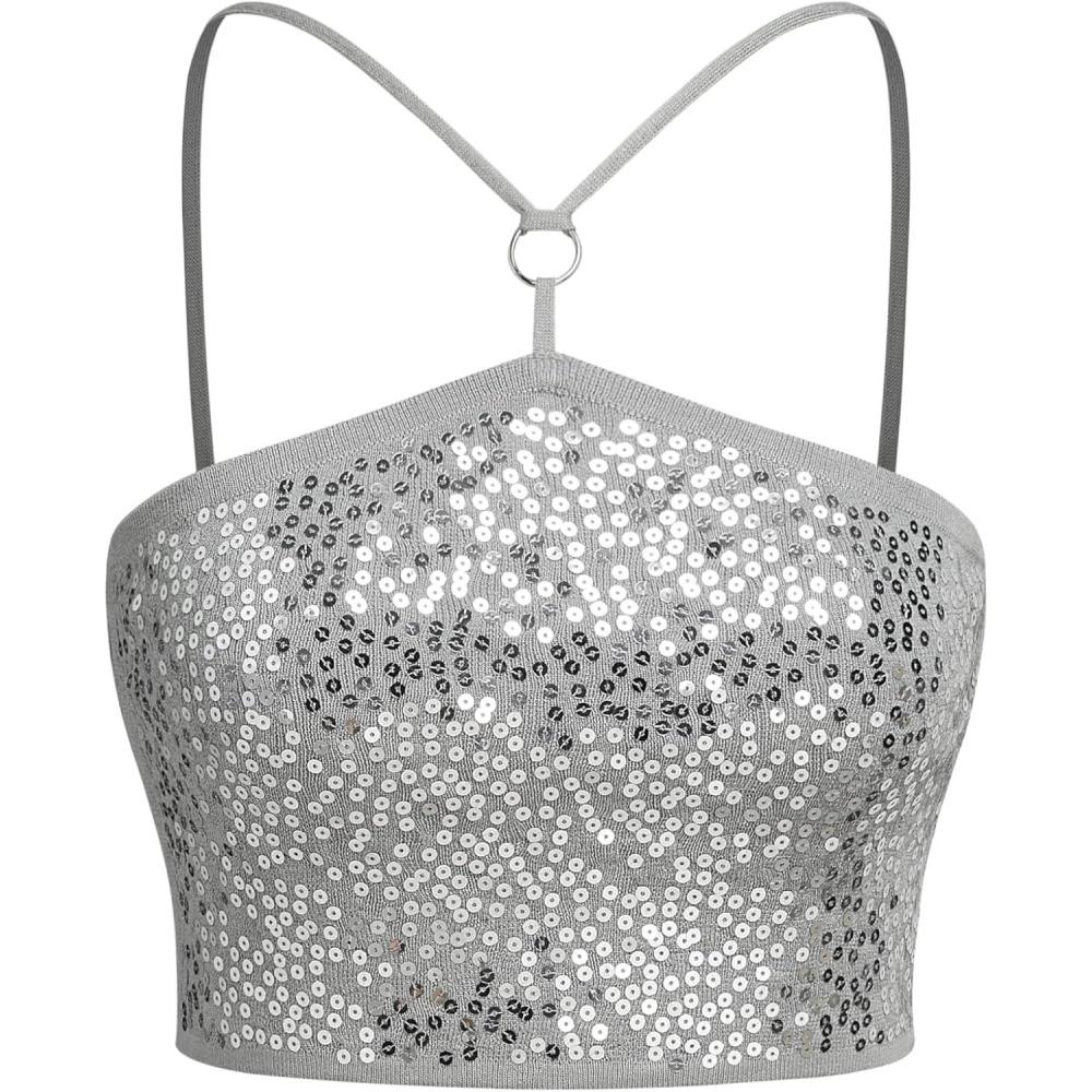 imageCIDER Halter Sequin Crop Knitted Cami TopGrey