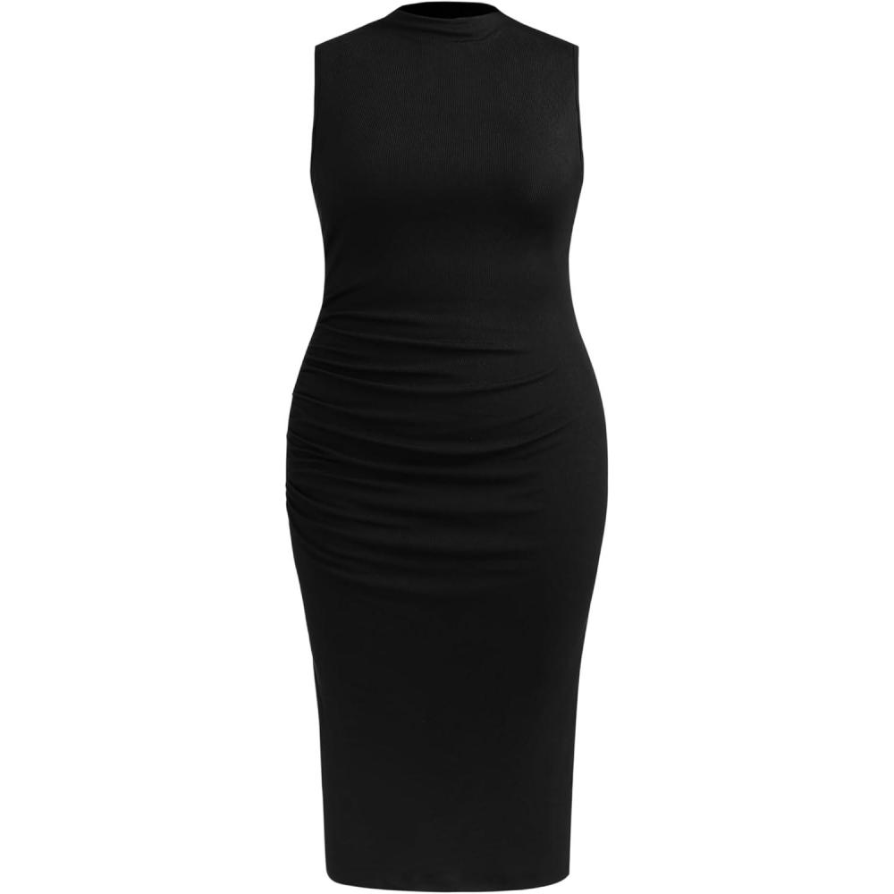 imageCIDER High Neck Ruched Midi Dress Curve ampamp PlusBlack