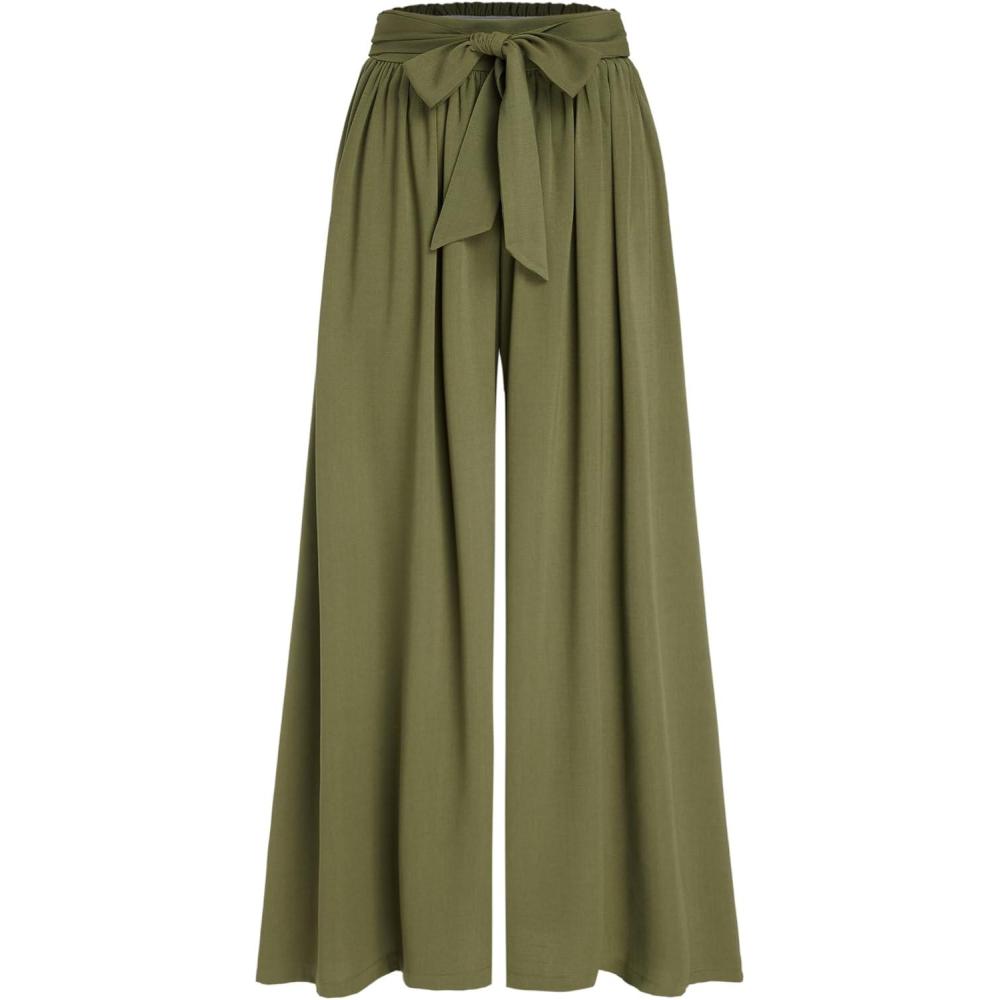 imageCIDER High Rise Bowknot Shirred Wide Leg TrousersOlive Green