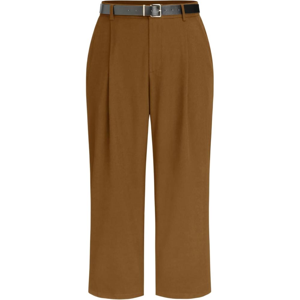imageCIDER High Waist Solid Tapered Trousers with Belt Curve ampamp PlusBrown