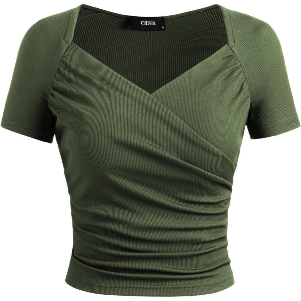 imageCIDER Jersey Sweetheart V Neck Short Sleeve TopOlive Green