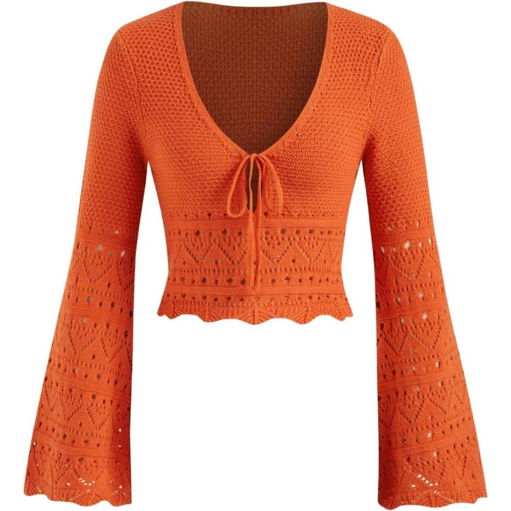imageCIDER Knit VNeck Solid Knotted Wave Trim Long Sleeve TopOrange