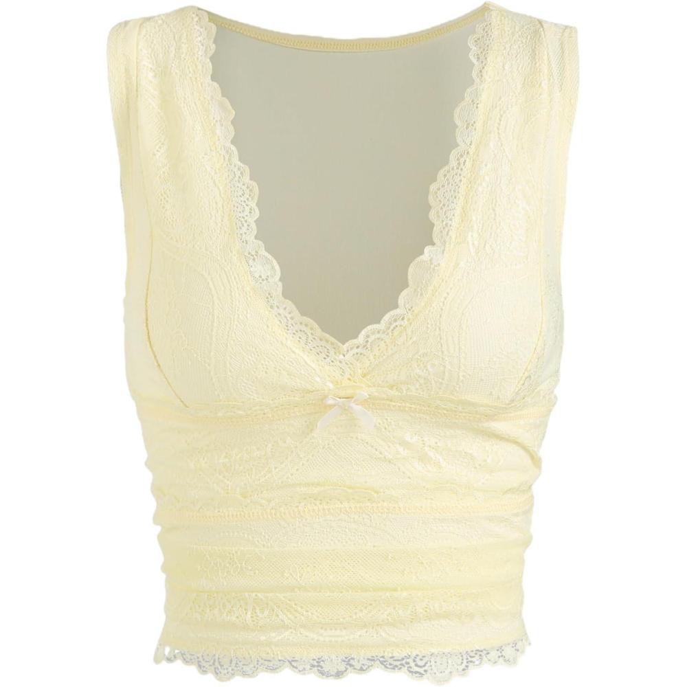 imageCIDER Lace Crop Tank Tops for Women Summer V Neck Sleeveless Going Out Tops Ruched Sexy Tee Trendy T Shirts CasualIvory