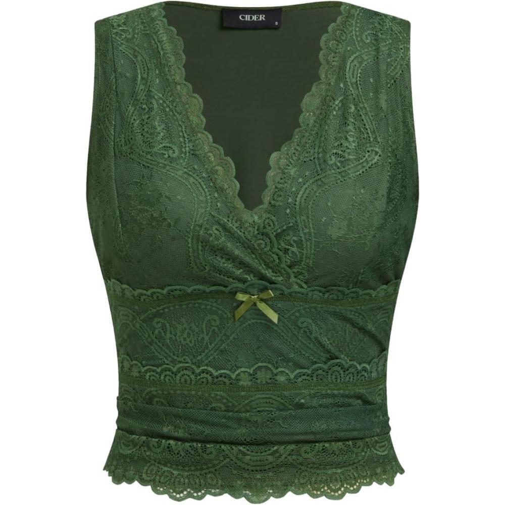 imageCIDER Lace Crop Tank Tops for Women Summer V Neck Sleeveless Going Out Tops Ruched Sexy Tee Trendy T Shirts CasualLace Green