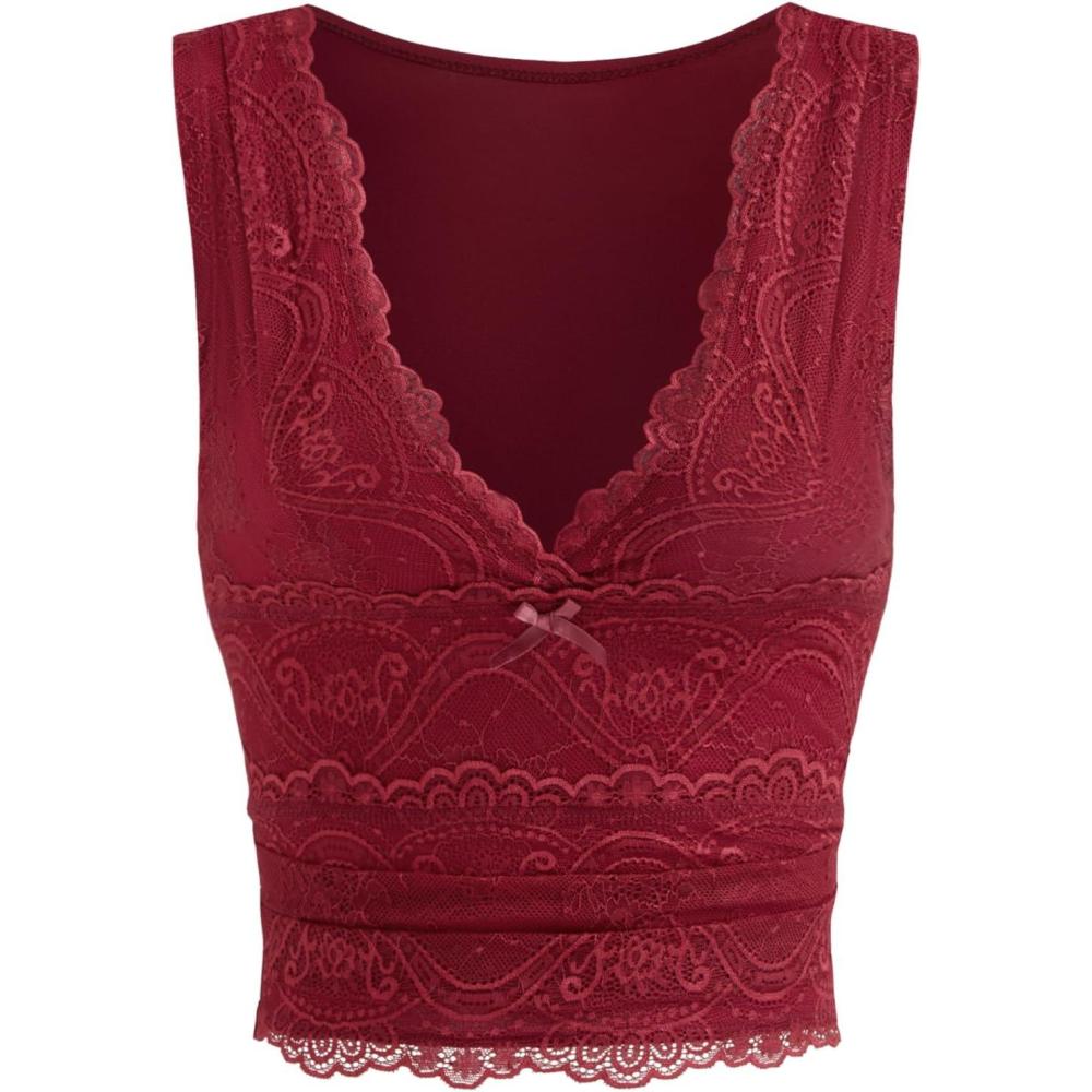 imageCIDER Lace Crop Tank Tops for Women Summer V Neck Sleeveless Going Out Tops Ruched Sexy Tee Trendy T Shirts CasualRed