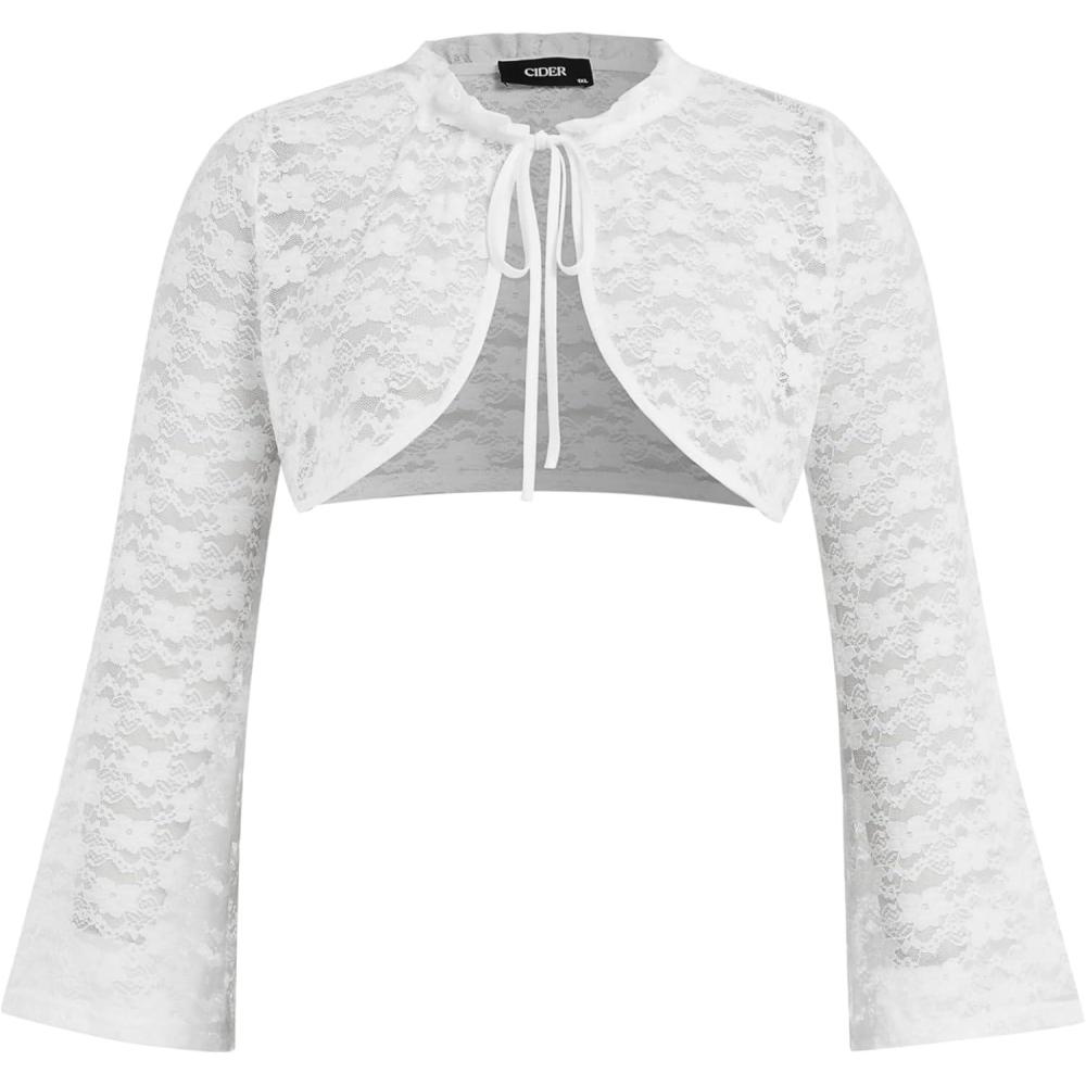 imageCIDER Lace Round Neckline Knotted Long Sleeve Shrug Curve ampamp PlusWhite