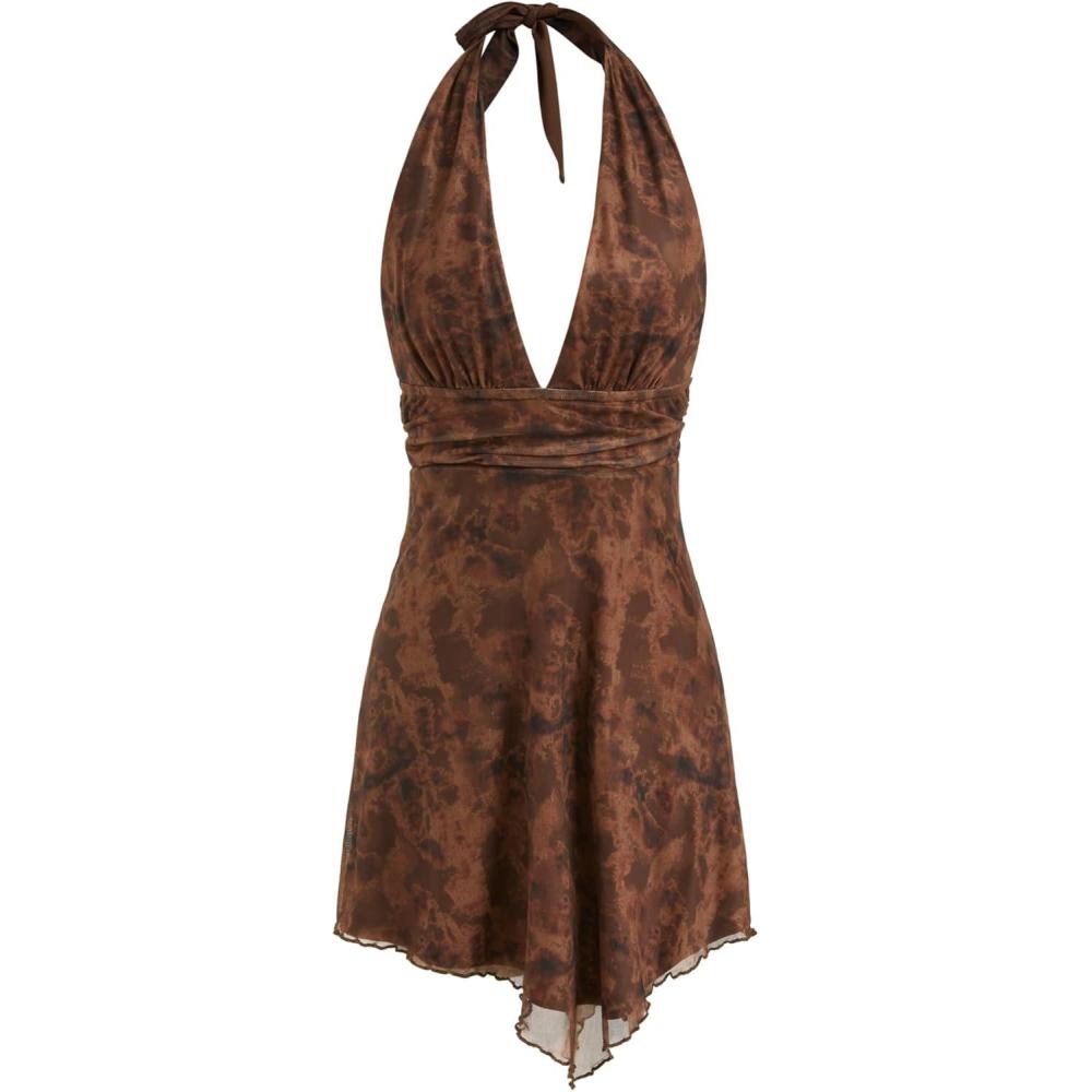 imageCIDER Mini Dress Abstract Print Halter Neck Sleeveless Backless Asymmetrical Hem High Waist Party DressBrown