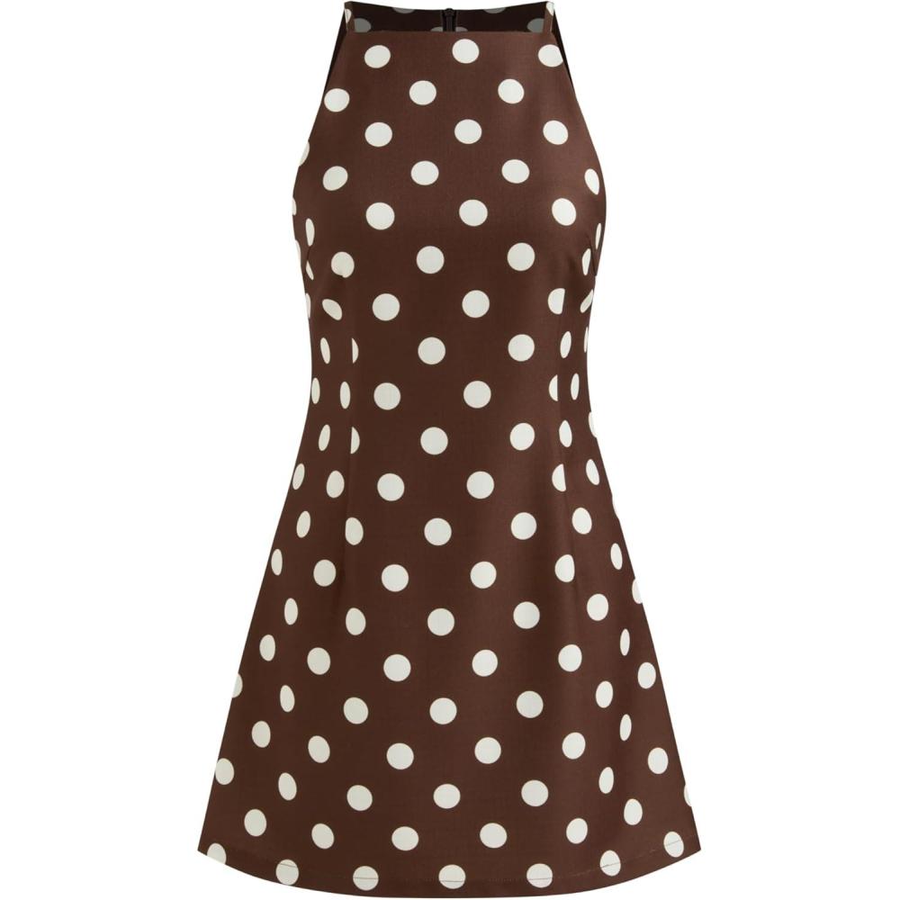 imageCIDER Mini Dress Party Cocktail Boat Neck High Waist Polka Dot Sleeveless Casual Short DressCoffee
