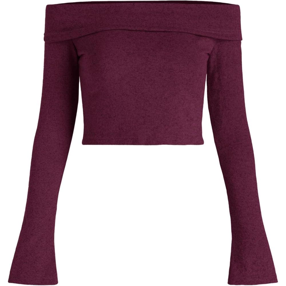 imageCIDER Off The Shoulder Sweater for Womens Cropped Sexy Long Sleeve Going Out Tops Trendy 2025Red