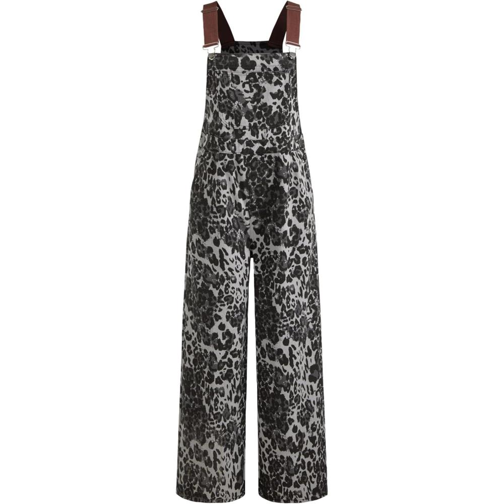imageCIDER Overalls for Women Denim Leopard Pocket Buckle Up Wide Leg JumpsuitGrey