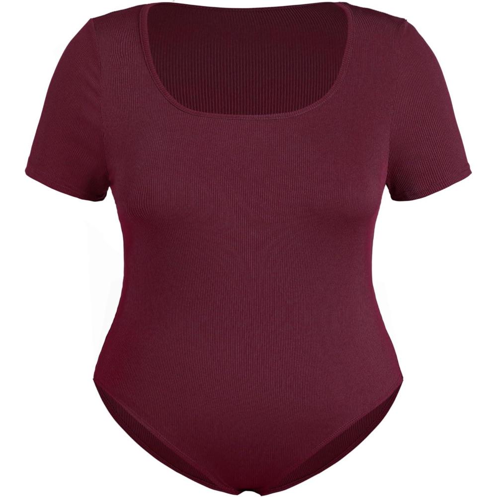 imageCIDER Plus Size Bodysuits For Curvy Women Square Neck Short Sleeve Basic Going Out TopsCarmine