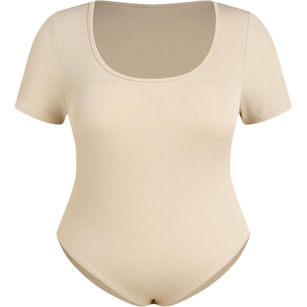 imageCIDER Plus Size Bodysuits For Curvy Women Square Neck Short Sleeve Basic Going Out TopsKhaki