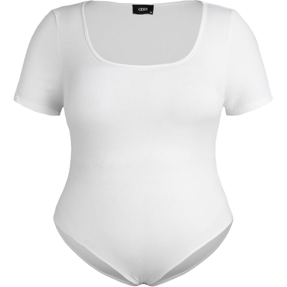 imageCIDER Plus Size Bodysuits For Curvy Women Square Neck Short Sleeve Basic Going Out TopsWhite