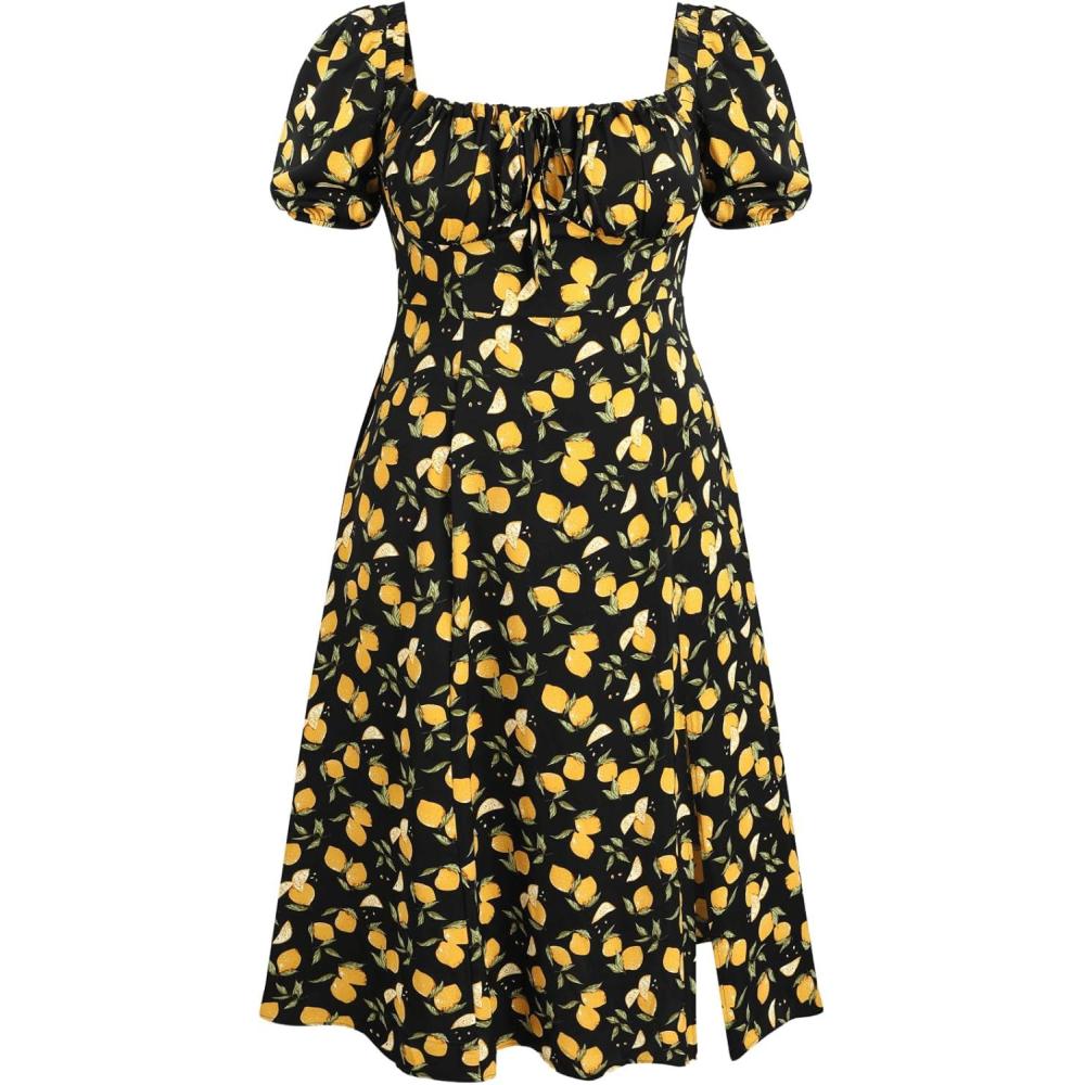 imageCIDER Plus Size Midi Dress Summer Fruit Patterned Square Neck Puff Sleeve Boho Vacation Casual Midi Dress for Curvy WomenBlack