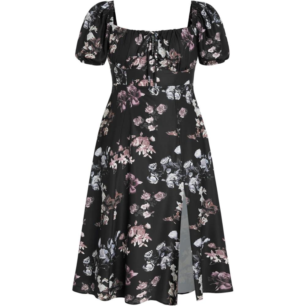 imageCIDER Plus Size Midi Dress Summer Fruit Patterned Square Neck Puff Sleeve Boho Vacation Casual Midi Dress for Curvy WomenCarbon