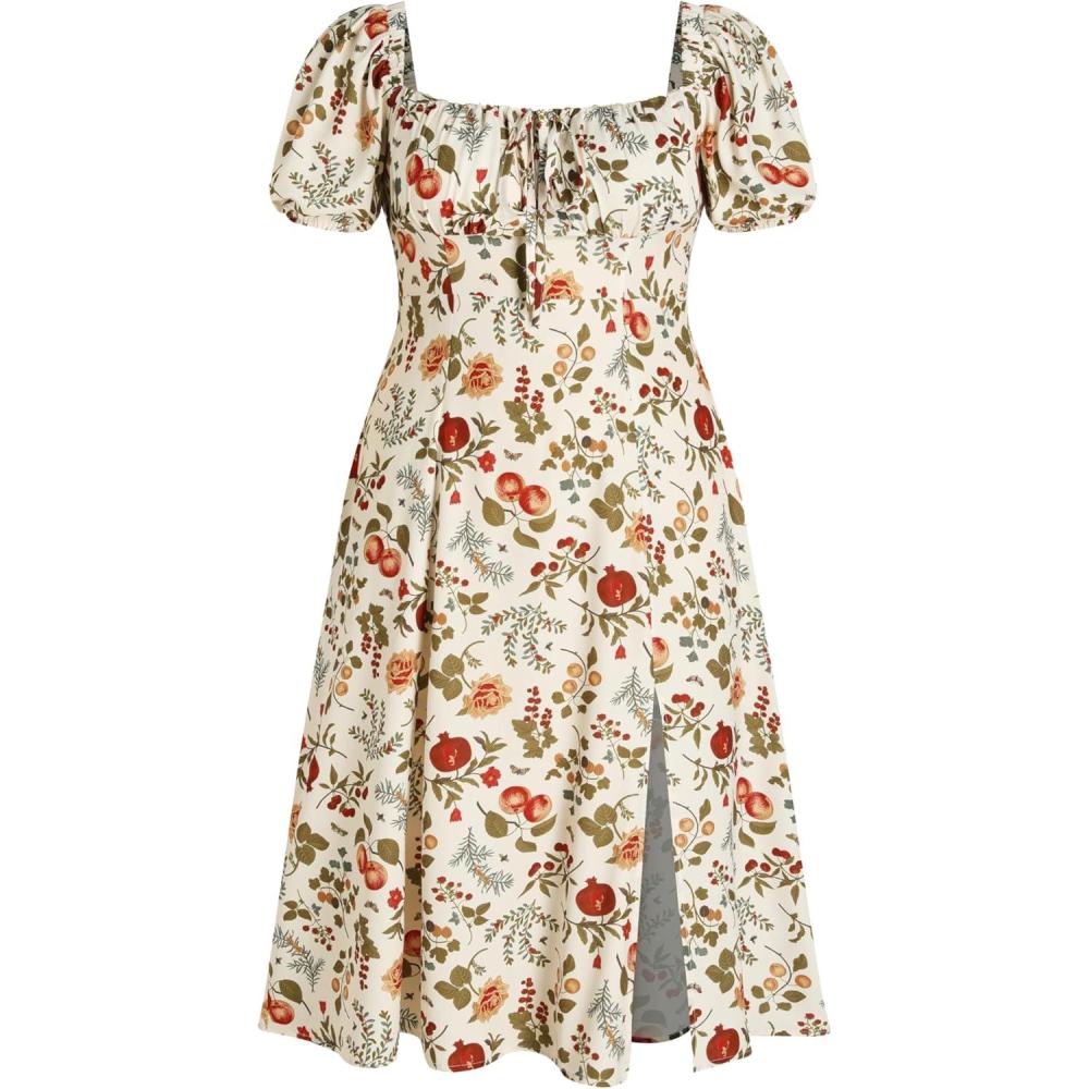 imageCIDER Plus Size Midi Dress Summer Fruit Patterned Square Neck Puff Sleeve Boho Vacation Casual Midi Dress for Curvy WomenIvory