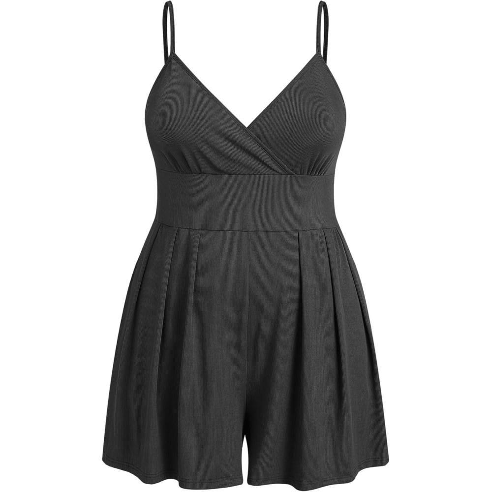 imageCIDER Plus Size Rompers For Curvy Women V Neck Sleeveless Spaghetti Strap Wide Leg Shorts Overalls Jumpsuit Summer OutfitsBlack