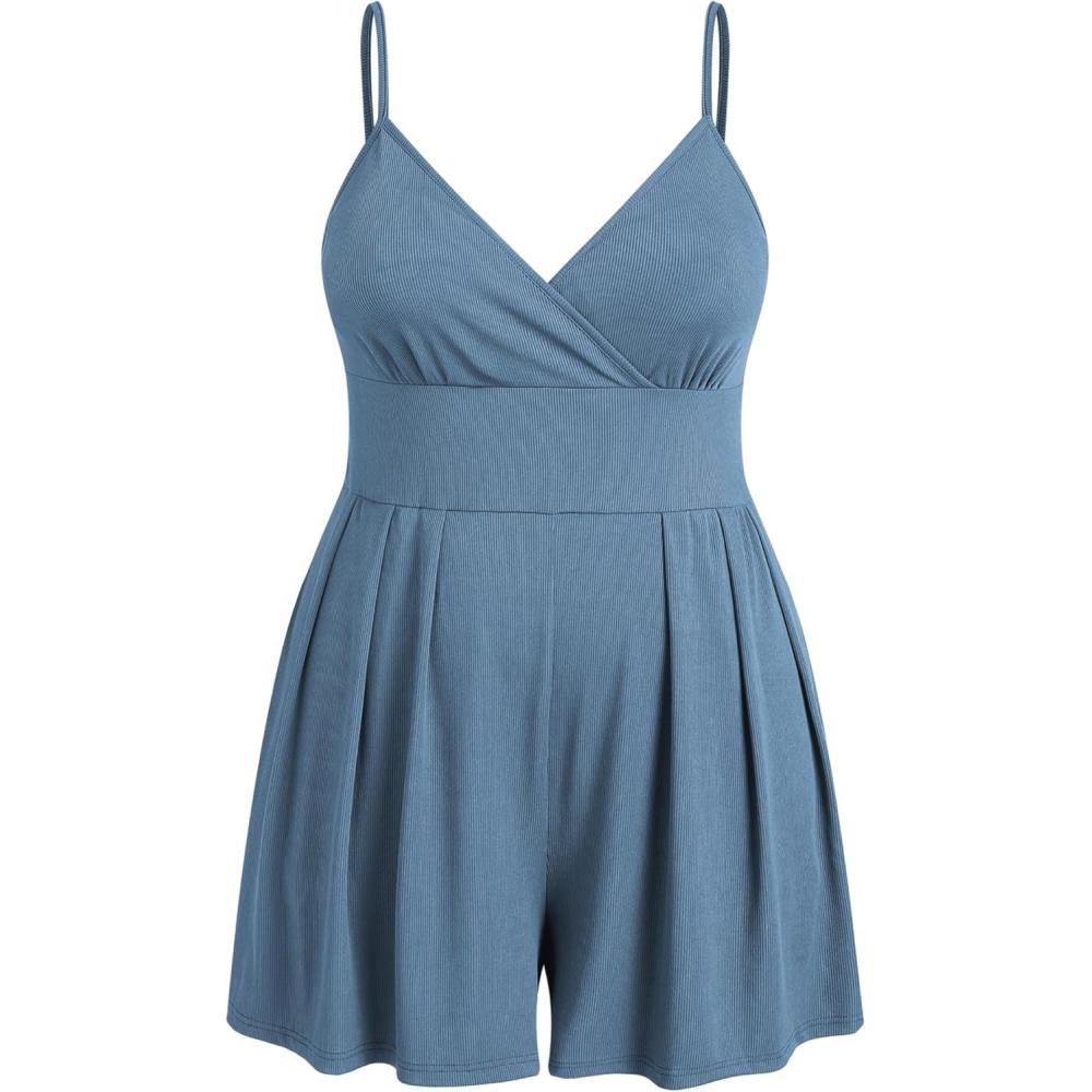 imageCIDER Plus Size Rompers For Curvy Women V Neck Sleeveless Spaghetti Strap Wide Leg Shorts Overalls Jumpsuit Summer OutfitsBlue