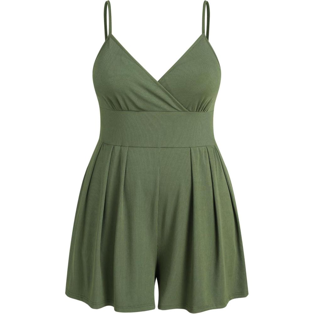 imageCIDER Plus Size Rompers For Curvy Women V Neck Sleeveless Spaghetti Strap Wide Leg Shorts Overalls Jumpsuit Summer OutfitsOlive Green