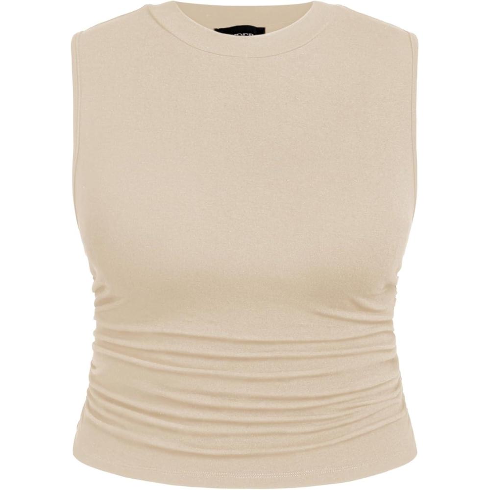 imageCIDER Plus Size Tops for Women Sleeveless Ruched Crew Neck Crop Tank Top Summer Casual OutfitsBeige