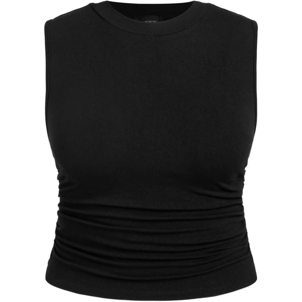 imageCIDER Plus Size Tops for Women Sleeveless Ruched Crew Neck Crop Tank Top Summer Casual OutfitsBlack