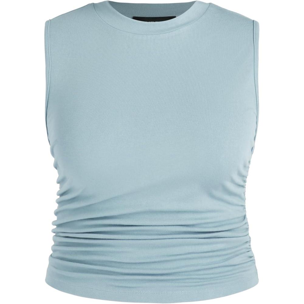 imageCIDER Plus Size Tops for Women Sleeveless Ruched Crew Neck Crop Tank Top Summer Casual OutfitsSky Blue