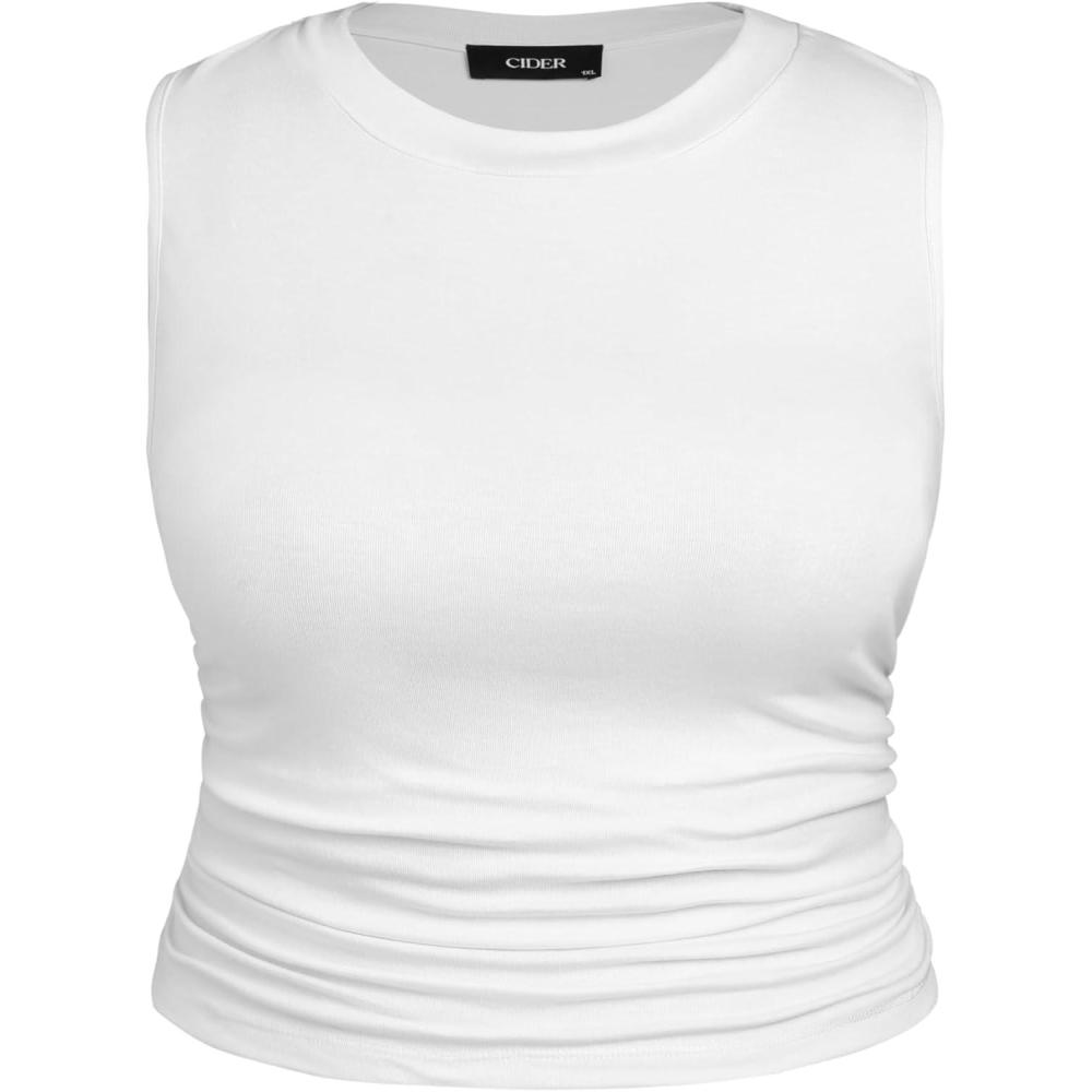 imageCIDER Plus Size Tops for Women Sleeveless Ruched Crew Neck Crop Tank Top Summer Casual OutfitsWhite