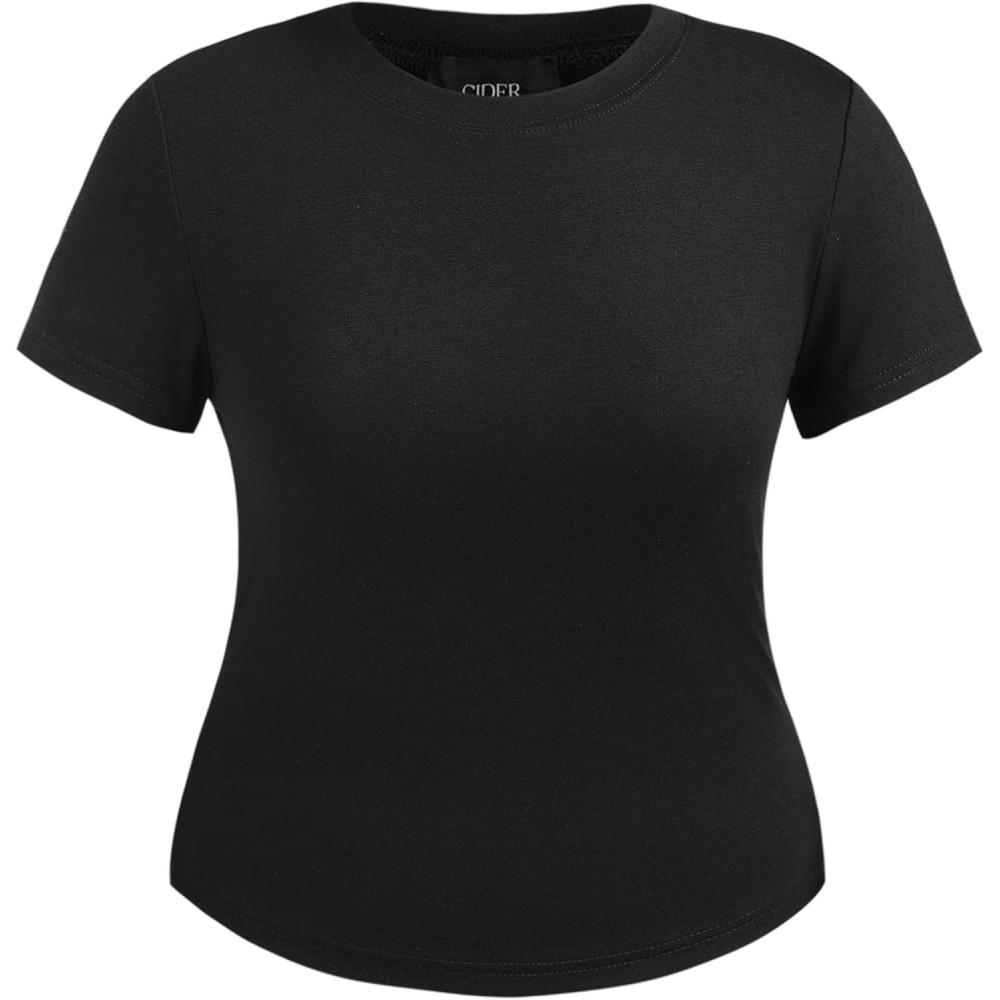 imageCIDER Round Neckline Knit Short Sleeve Top Curve ampamp PlusBlack