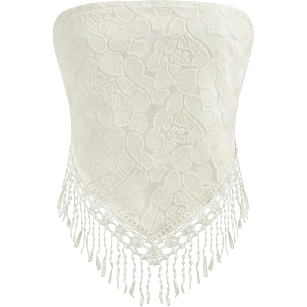 imageCIDER Santorini Beach Vacation Floral Lace Tassel Crop Tube TopWhite