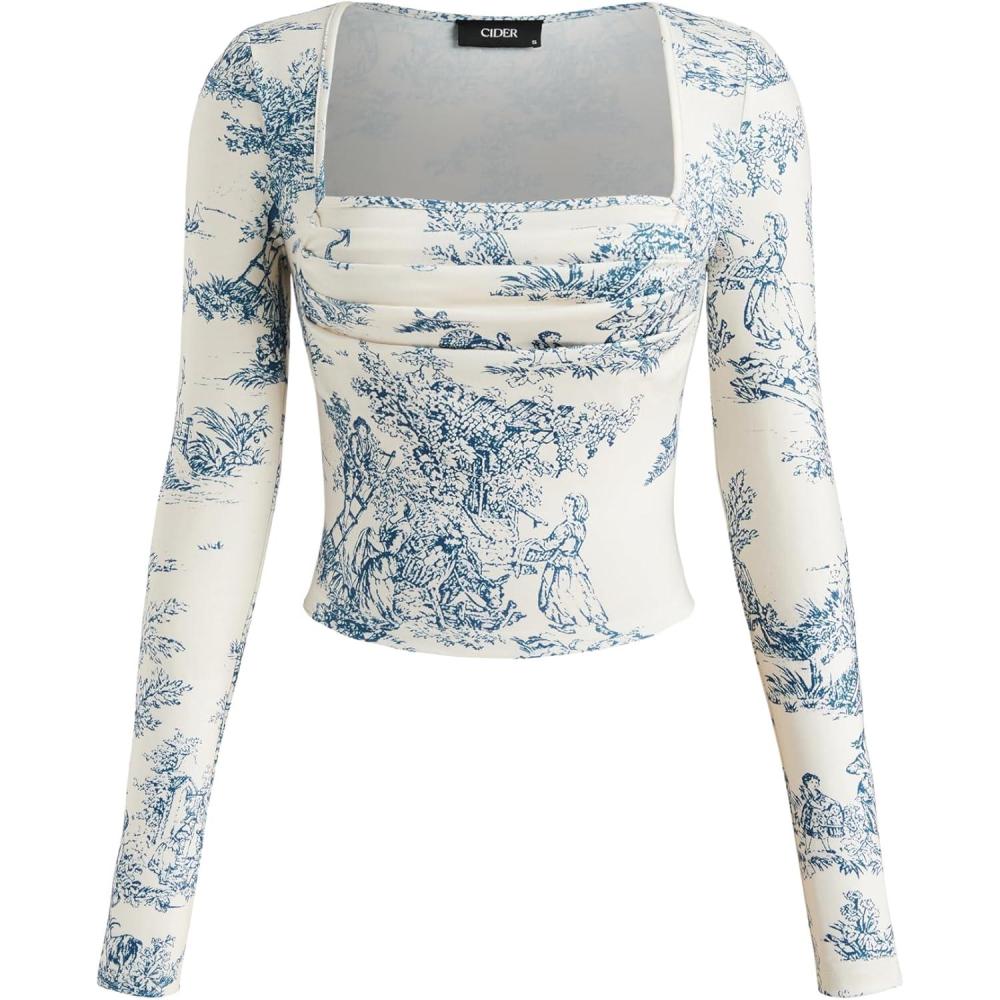 imageCIDER Santorini Beach Vacation Toile de Jouy Square Neck Ruched Long Sleeve Crop TopBlue