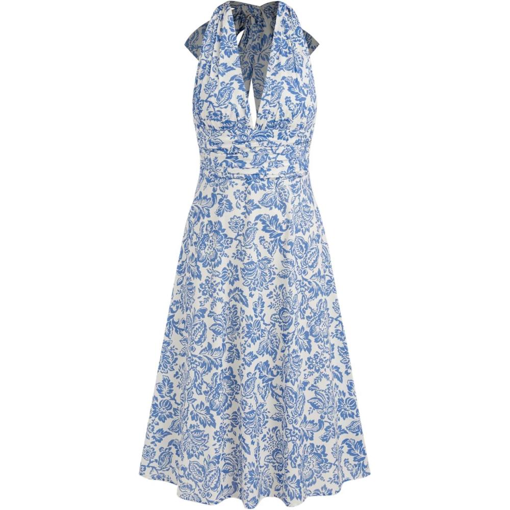 imageCIDER Santorini Beach Vacation VNeck Halter Backless Floral Ruffle Midi DressBlue
