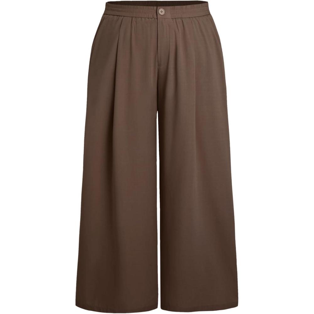 imageCIDER Solid High Waist Pleated Wide Leg Trousers Curve ampamp PlusBrown