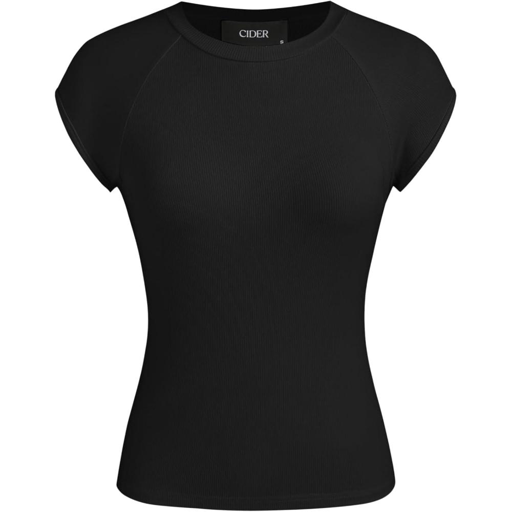 imageCIDER Solid Round Neckline Short Sleeve TeeBlack