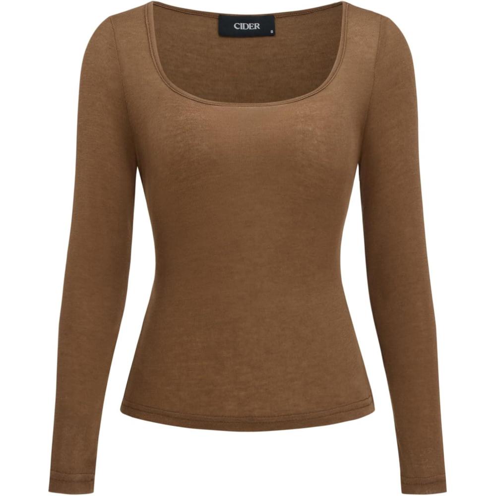 imageCIDER Square Neck Tops for Women Sheer Solid Long Sleeve Basic Tee Shirt TopBrown