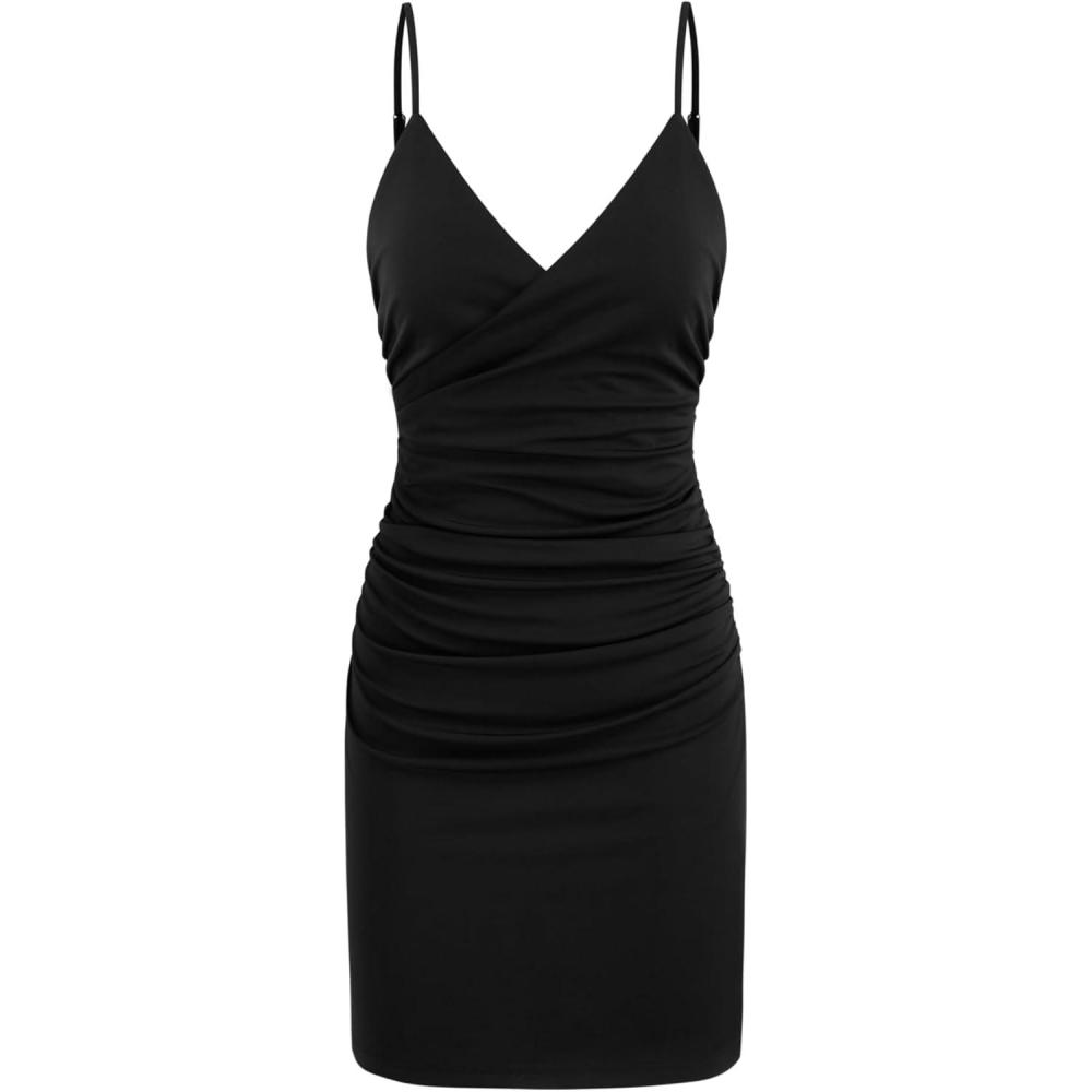 imageCIDER Summer Mini Dress for Women V Neck Bodycon Dresses Ruched Cocktail Party Dress Going Out Dresses Trendy 2025Black
