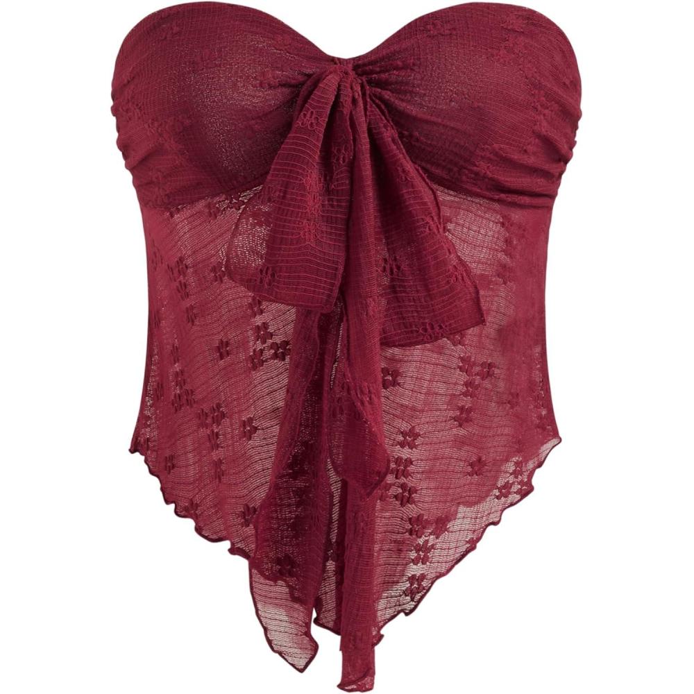 imageCIDER Summer Tube Tops for Women Floral Tie Front Cute Tops Sexy Going Out Tops Trendy Strapless Mesh Flowy Top CasualBurgandy
