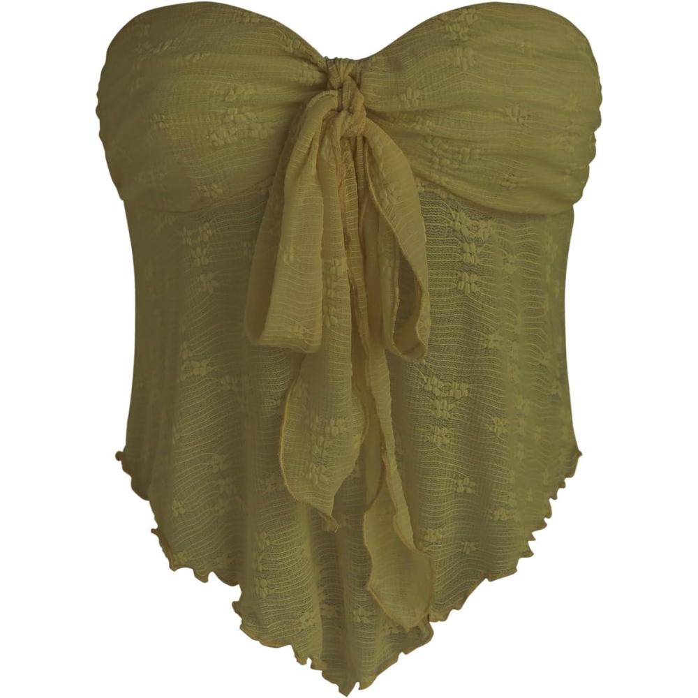 imageCIDER Summer Tube Tops for Women Floral Tie Front Cute Tops Sexy Going Out Tops Trendy Strapless Mesh Flowy Top CasualOlive Green