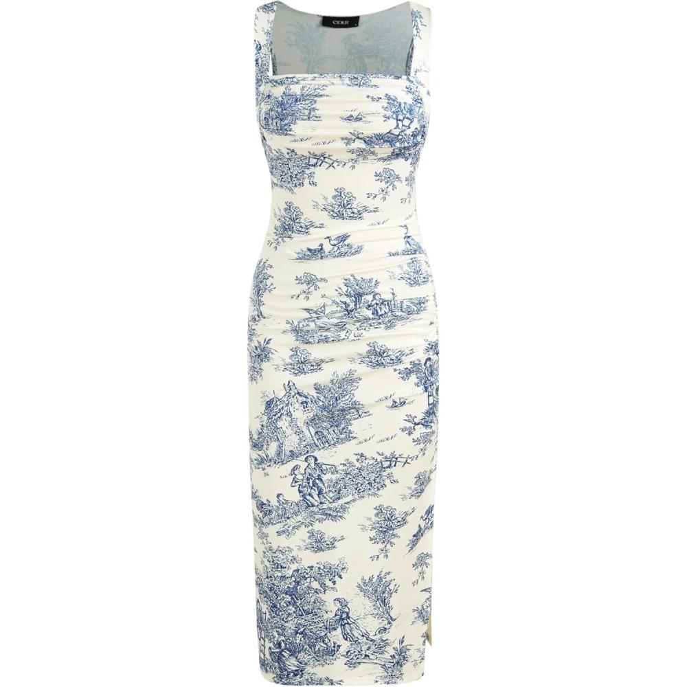 imageCIDER Toile de Jouy Ruched Split Maxi DresBlue