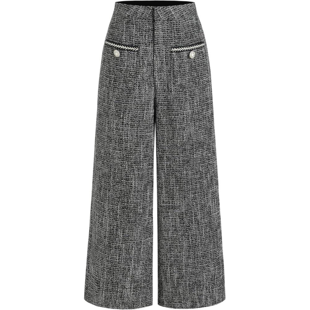imageCIDER Tweed Mid Waist Solid Button Wide Leg TrousersBlack