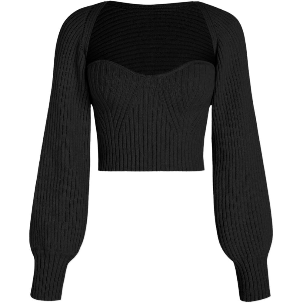 imageCIDER TwoPiece Rib Knit Long Sleeve Crop TopBlack