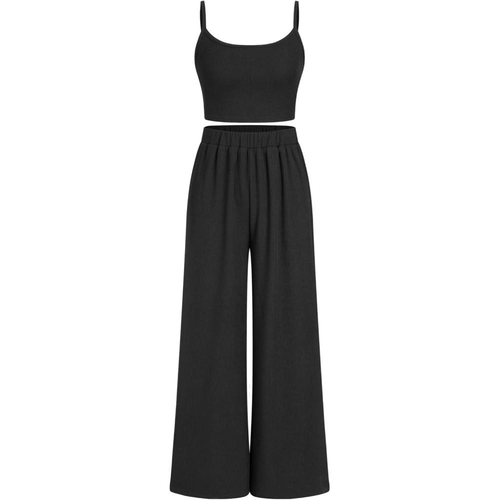 imageCIDER Uneckline Button Solid Cardigan ampamp Crop Tank Top ampamp Elastic Waist Trousers Matching SetBlack