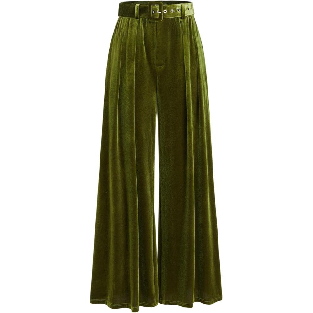 imageCIDER Velvet Mid Waist Pocket Wide Leg Trousers with BeltGreen