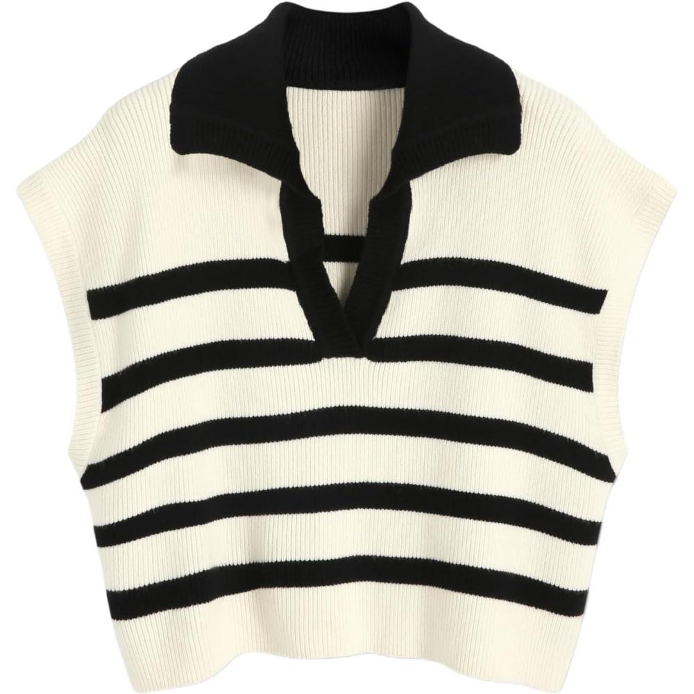 imageCIDER Vest for Women V Neck Cap Sleeve Striped Sweater Vest Knit Polo Neck Trendy Vest Tops Casual TrendyMulticolor