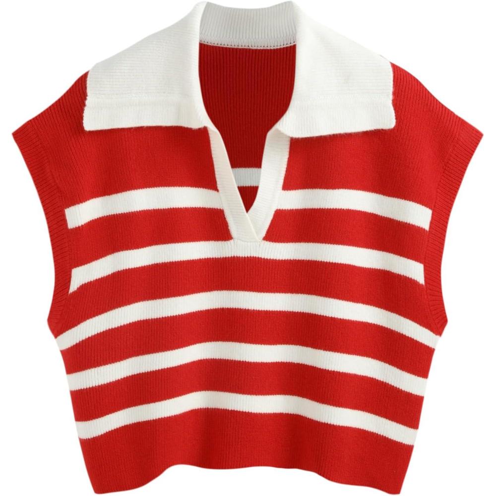 imageCIDER Vest for Women V Neck Cap Sleeve Striped Sweater Vest Knit Polo Neck Trendy Vest Tops Casual TrendyRed