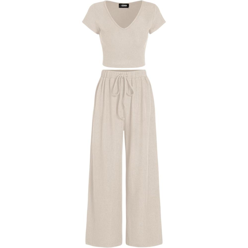 imageCIDER Vneck Short Sleeve Crop Tee ampamp Knotted Wide Leg Pants SetBeige